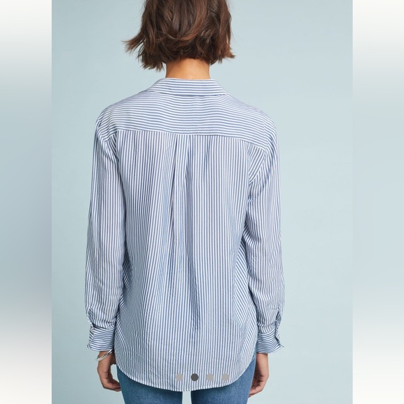 Anthropologie Maeve Blue Sadie Striped Button-Up Top Small Petite - Picture 7 of 10